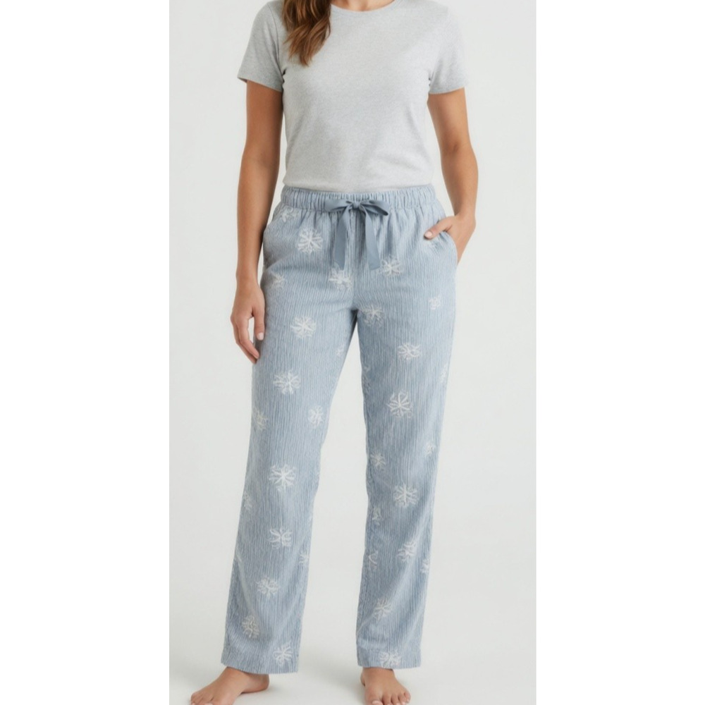 Lands’ End Womens S Pajama Pants Blue Stripe Snowflake Cotton Lounge Drawstring